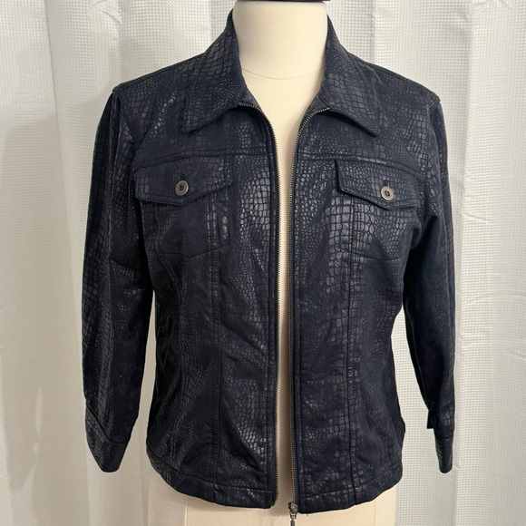 Ruby Rd. Women's Retro Moto  Style Snakeskin Jacket, Full Zipper, Navy, Size 12 - Picture 4 of 6